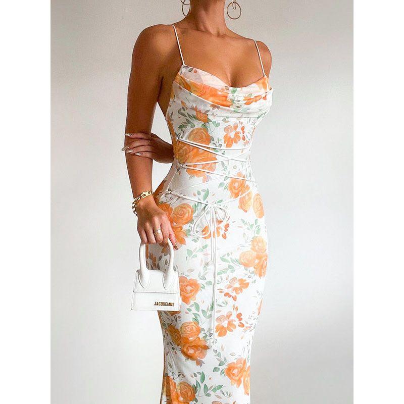 Fashion Wind Summer New Sexy Sexy Print Backless Lace up Slim Fit Slimming Spaghetti Straps Dress Female Dress
