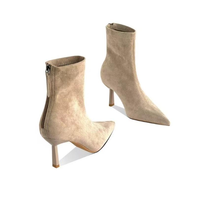2025 New High Quality Pointed Toe Women Ankle Boots Fashion Zipper Thin Heels Shoes Autumn Winter Chelsea Short Booties