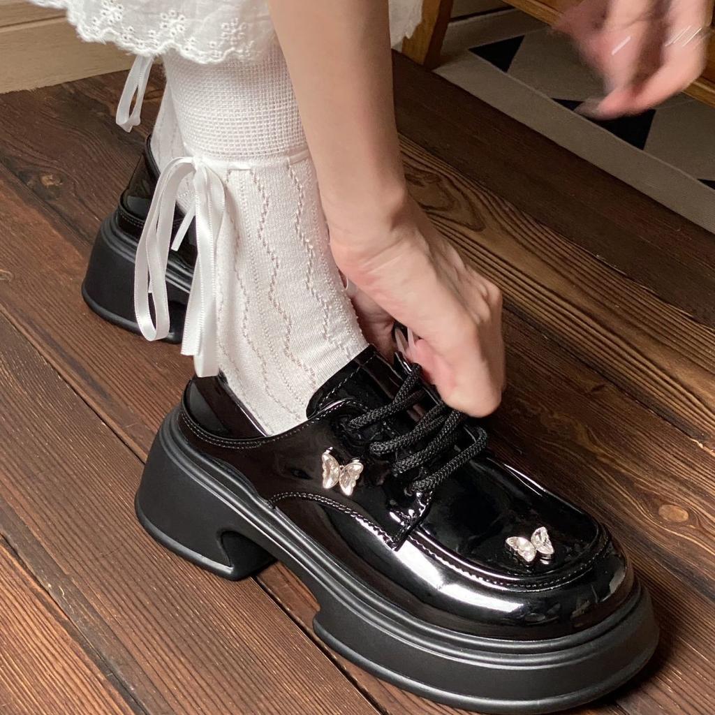 Butterfly Muffin Platform Lace-up Mary Jane British Style Retro Patent Leather Small Leather Shoes Women's 2025 Spring New Models
