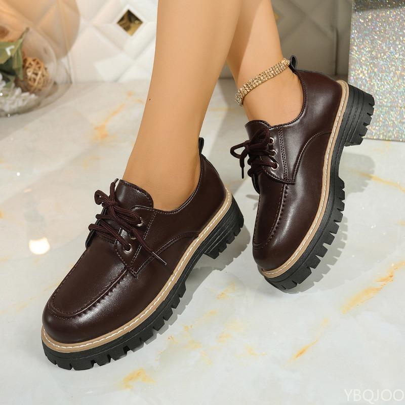 

Весенне-осенняя мода Новые повседневные туфли на толстой подошве, увеличивающие рост, универсальные женские туфли больших размеров, женские лоферы на шнуровке 43 темно-коричневого