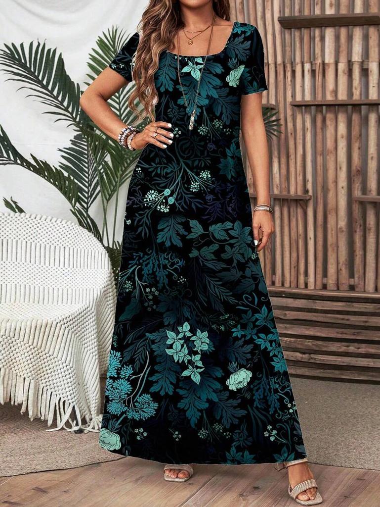 Printed Casual Square Neck Short Sleeve Long Dress, Loose Women Maxi Dress Suitable For Summer Boho Suitable For Going Out Chic Dress,Casual