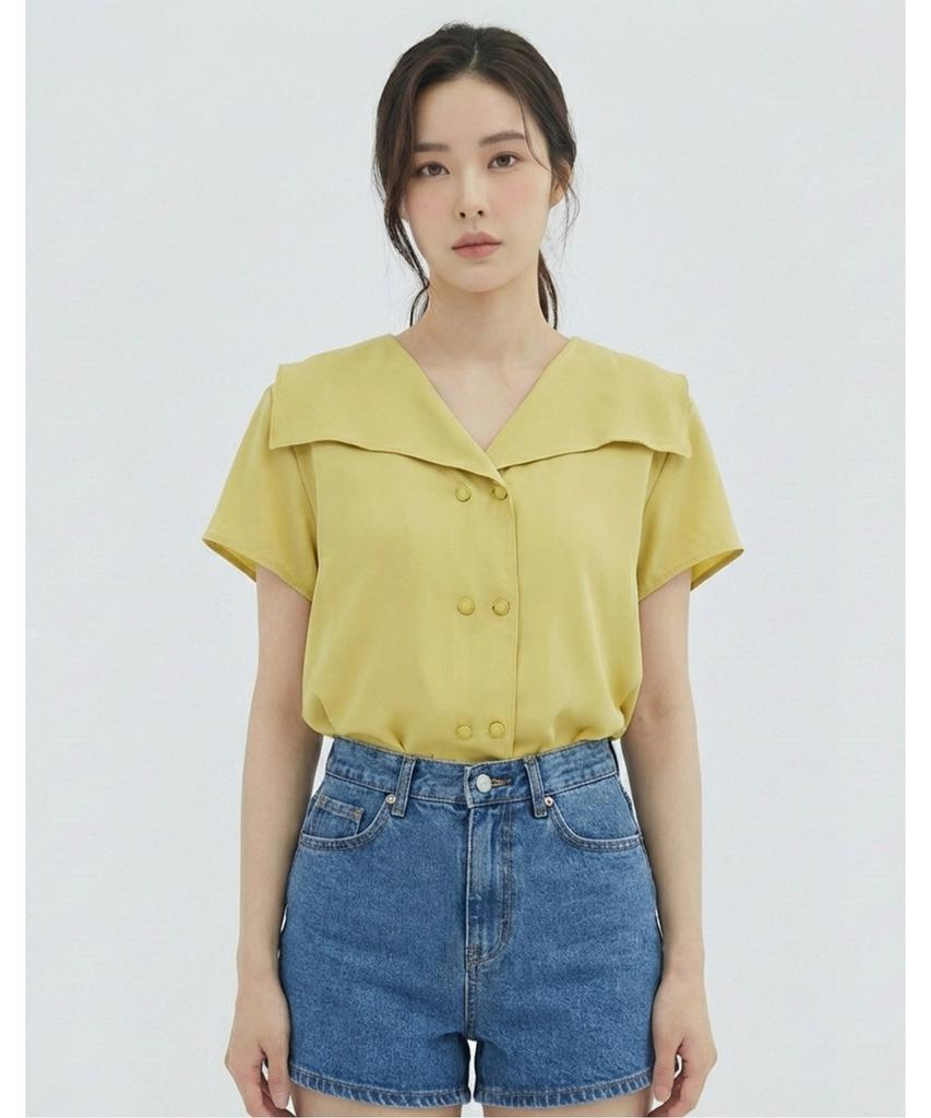 VANAKE Big Collar Double Button Short Sleeve Blouse_Vb35Blud01Z