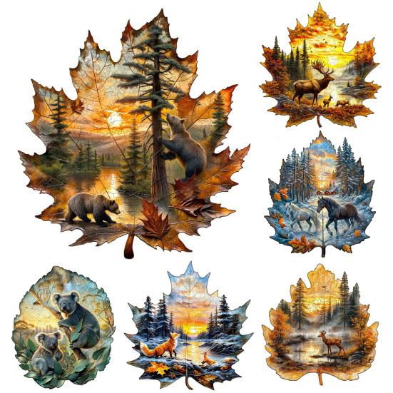 1 Set Animal Maple Wooden Puzzle Elk Bear Wolf Horse Koala Fox Deer Fall Leaf Irregular Jigsaw Puzzle Decoration Educational Toy