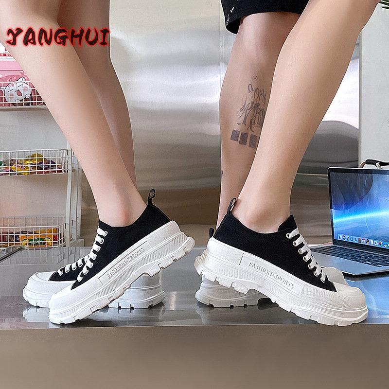Fashion Casual Thick Soled Couple Shoes Solid Color Lace Up Comfortable Women's Sneakers Anti-skid Wear-resistant Men's Shoes