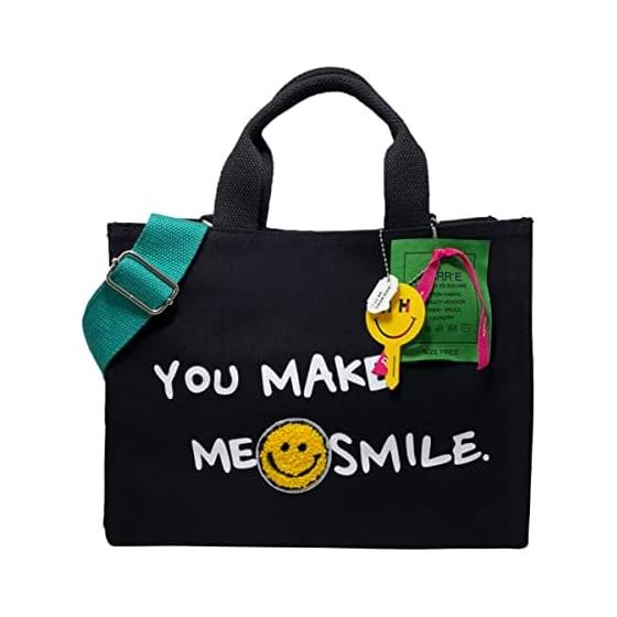 

[DIVA Rose] Tote Bag 2way Canvas Shoulder Crossbody Smile Shoulder Cotton Lunch Bag Large Capacity Lightweight Mother s Bag (Black)