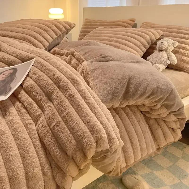 1.2M Bed Winter Plush Four Piece Set Double Sided AB Style Comfortable Keep Warm Quilt Cover Dormitory 3-piece Bed Sheet Set