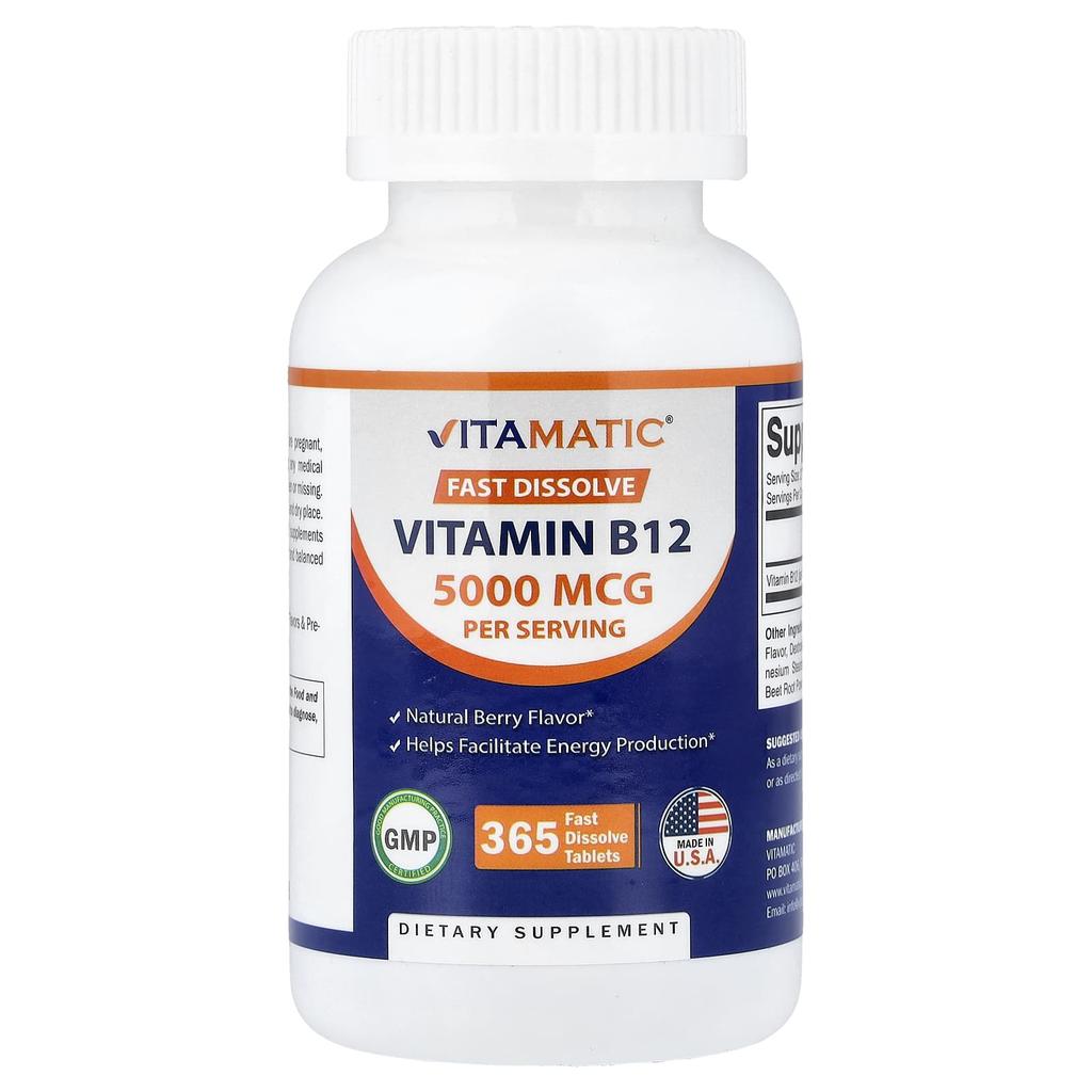 Vitamatic, Vitamin B12, Natural Berry, 5,000 mcg, 365 Rapid-Dissolving Tablets (2,500 mcg per tablet)