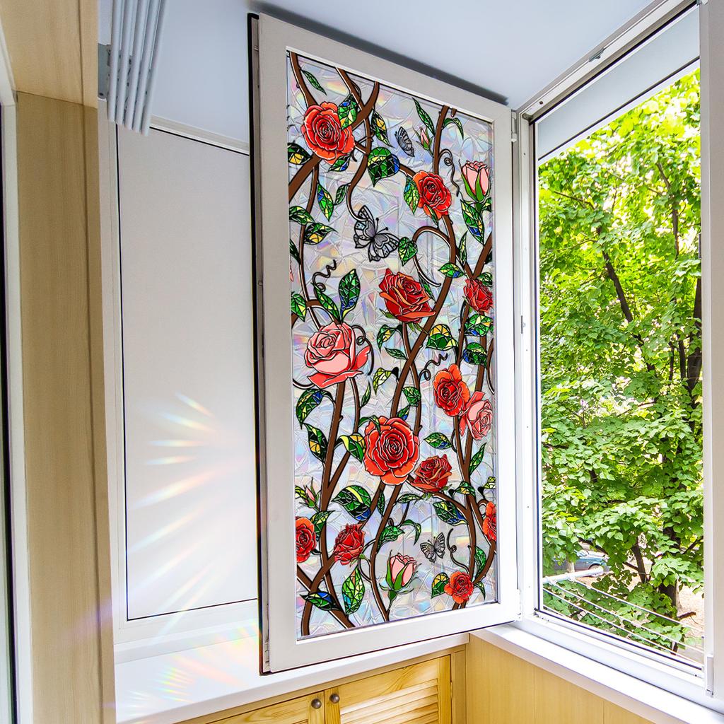 Xc2017-Kq Bunte Sonnenlicht Rosenranke Retro Fensteraufkleber Doppelseitiger Druck Visueller statischer Fensteraufkleber PVC