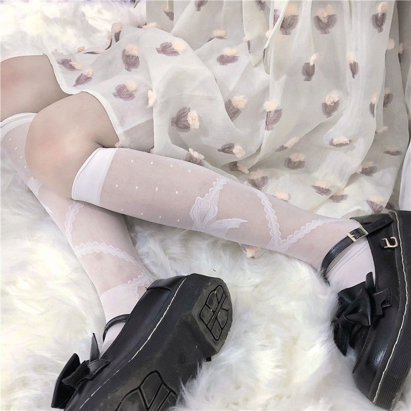 Sweet Bowknot Jacquard Lolita Knee High White Silk Socks for Women | JK Style Spring-Summer Thin Calf Stockings