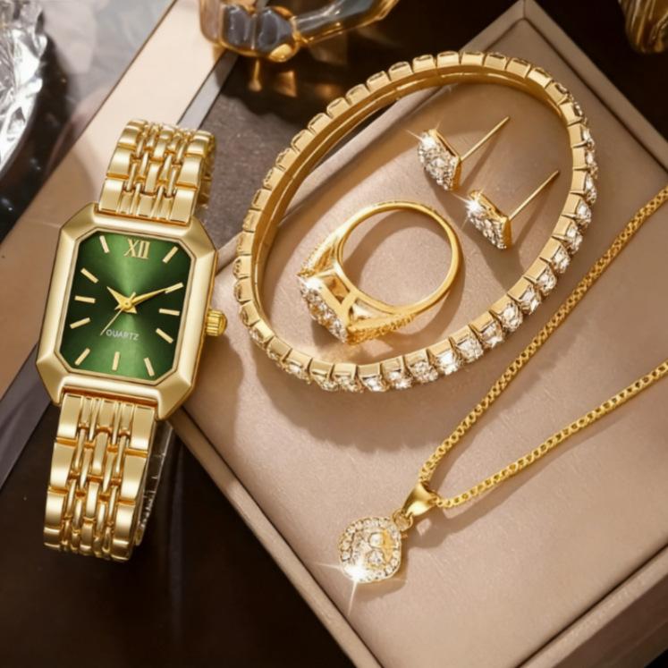 Ladies Watch Set New Fashion High-End Personalized Diamond-Encrusted Small Square Watch Rhinestone Jewelry 5Pcsset Diamond large price