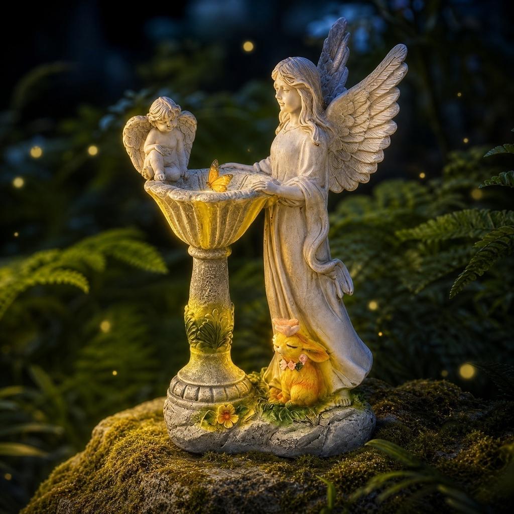 Solar Resin Angel Statue with LED Light Fairy Garden Pond Decoration for Outdoor Patio Yard Fountain Sculpture
