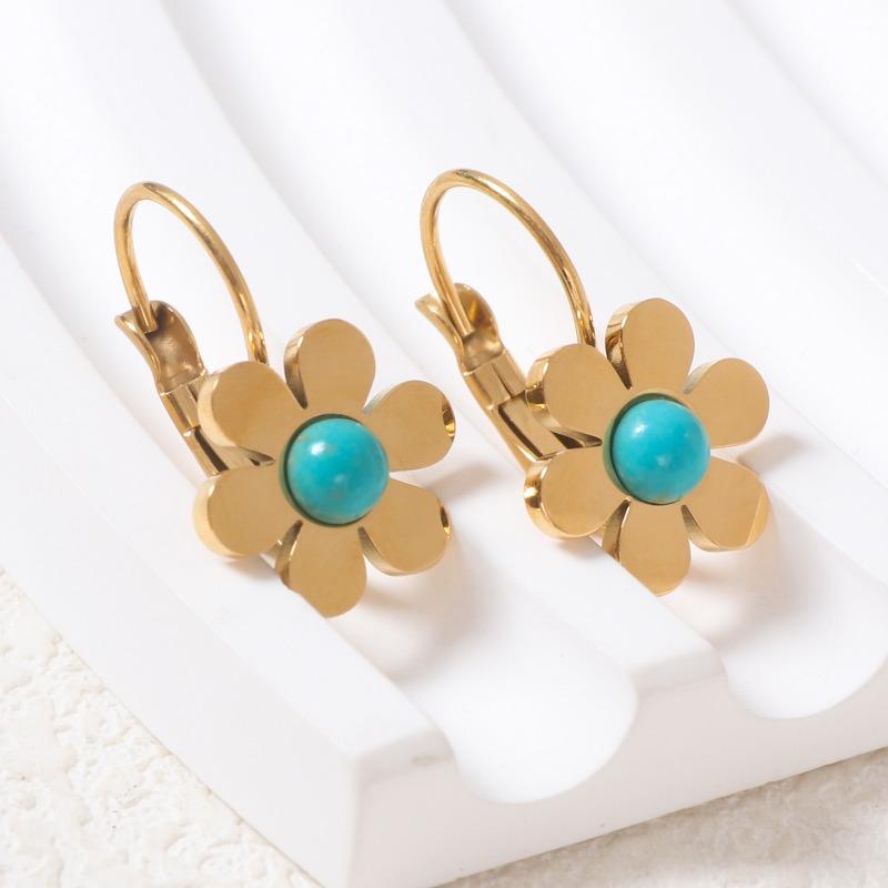 Fashionable Golden Flower Stainless Steel Earrings for Women Turquoise Natural Stone Earrings for Summer High-end Earrings