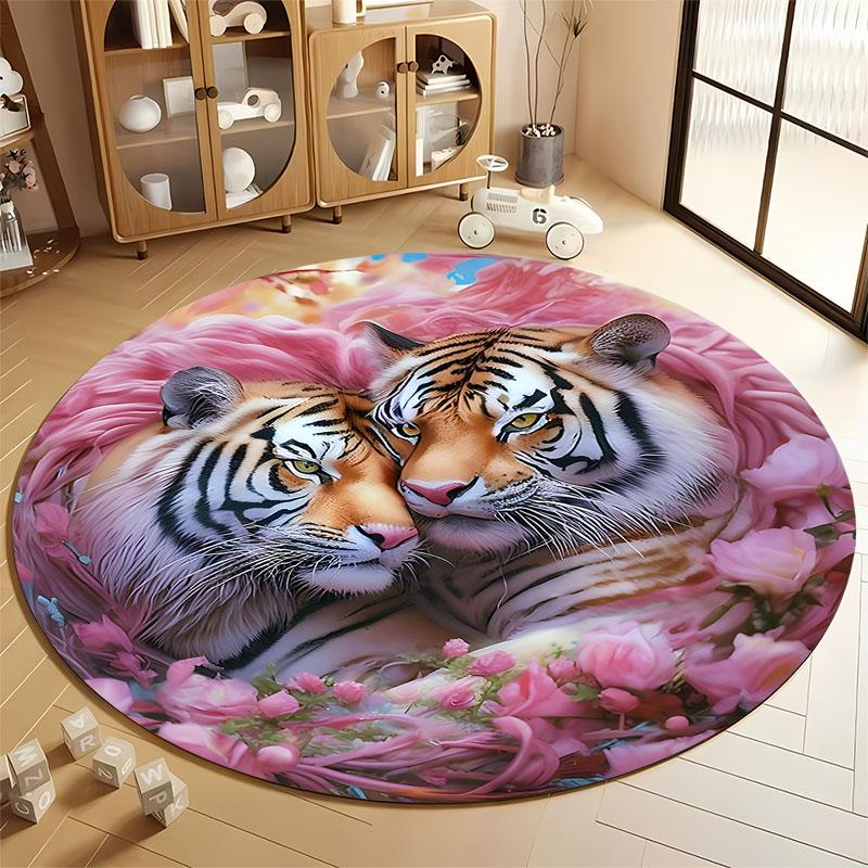 

HD Fantasy Twin Tigers and Rose Print Rug, Non-Slip Decorative mat for Children s Room round carpet for home sofa bedroom, gift Diameter 60cm