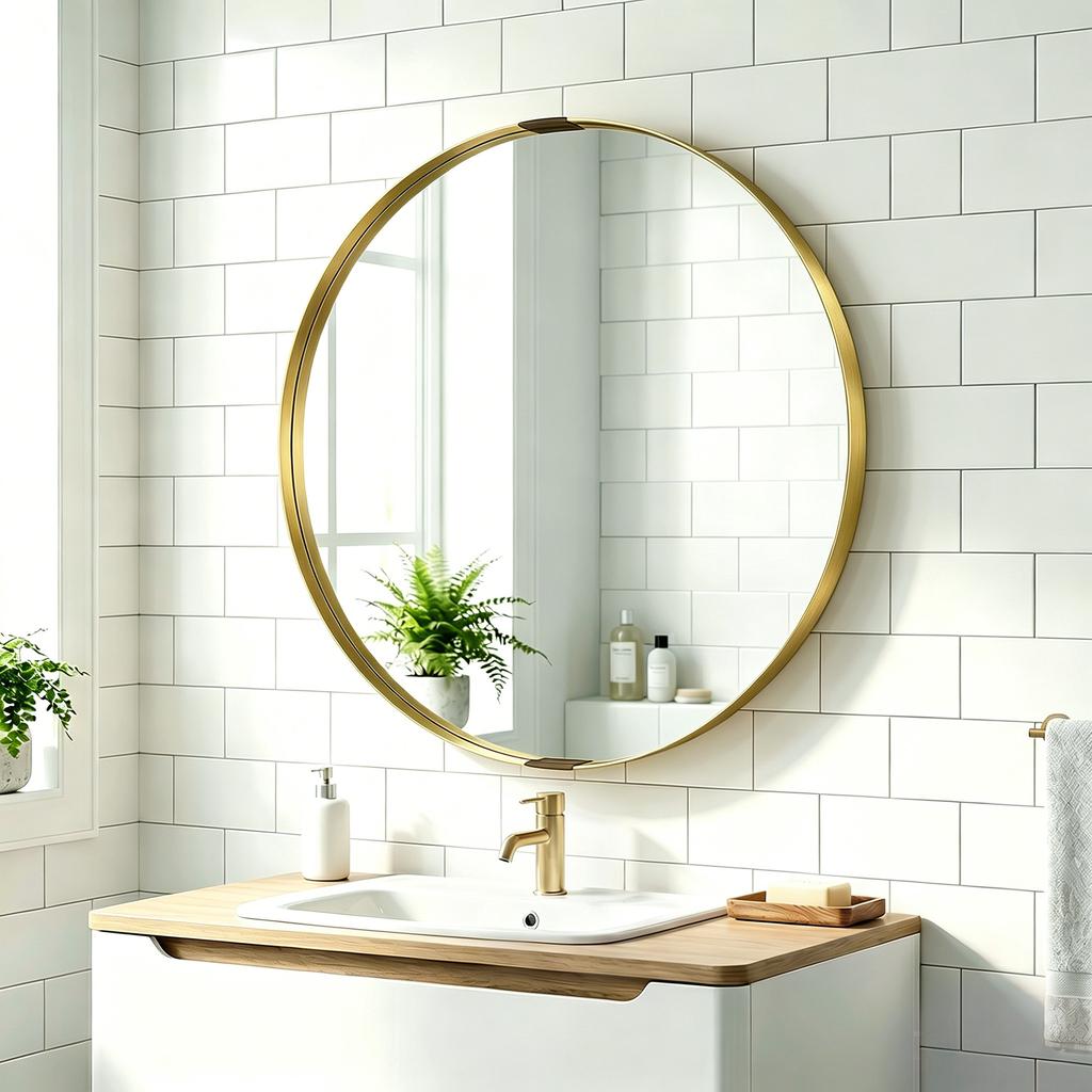 Round Wall Mirror 61 Cm Wall Mounted Bathroom Mirror With Tempered Safety Glass And Aluminium Alloy Frame Gold Tone