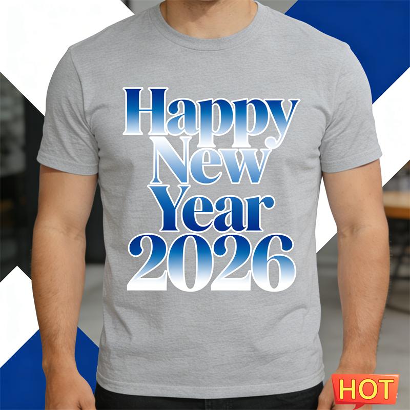 Simple Happy New Year 2026 Letters T Shirts For Men Fashion Crew Neck 3D Printed Short Sleeve Tshirts Loose Streetwear Tees