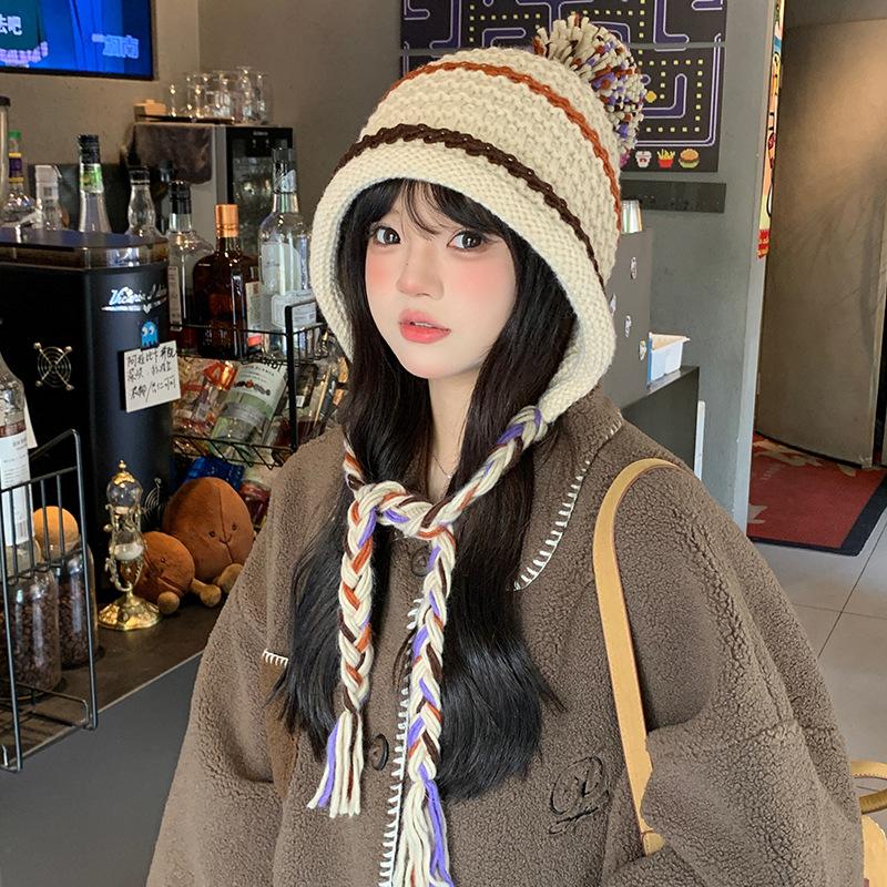 Japanese-style rainbow striped knitted hat for women, autumn and winter warm ear-protecting tie-back pullover hat, versatile woolen hat for students,