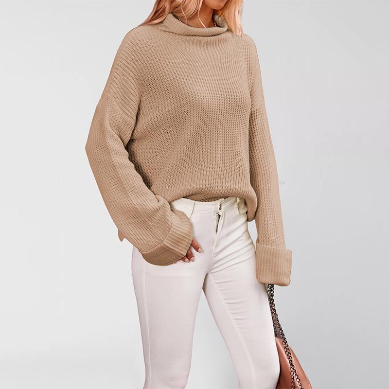 New Autumn and Winter Temu Hot Sale Solid Color Flared Sleeve Pullover Crew Neck Sweater Women's Knitted Sweater