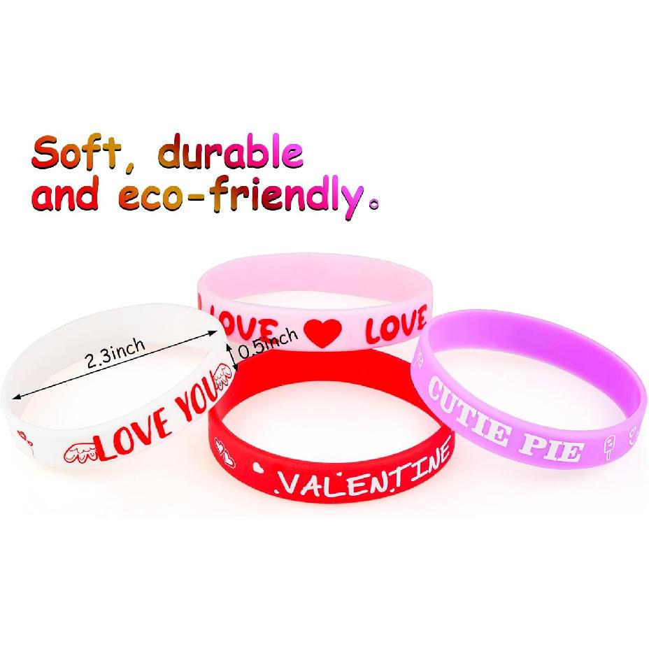 30pcs Valentines Day Rubber Bracelet Bulk Colorful Silicone Wristbands for Women and Kids Valentine Party Favors Supply Classroom Gifts