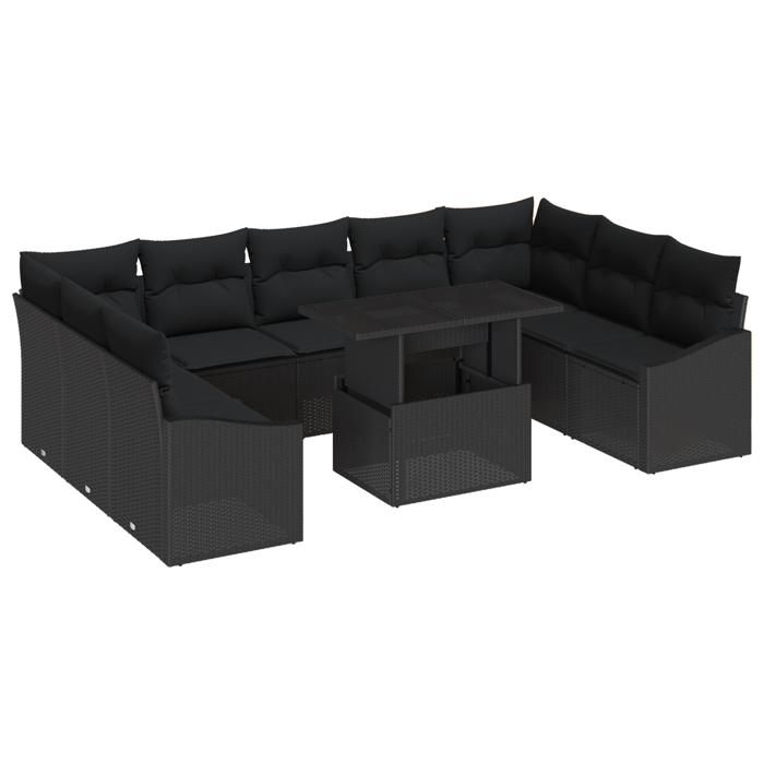 VidaXL Ensemble de salon de jardin 10 pièces avec coussins Noir Poly Rattan 3349069