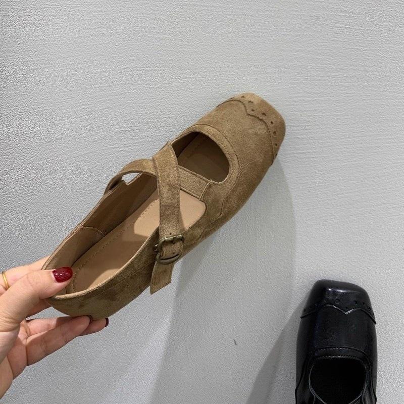 Korean version of niche flat-bottomed crossed Mary Jane shoes, early autumn retro brown square head ballet