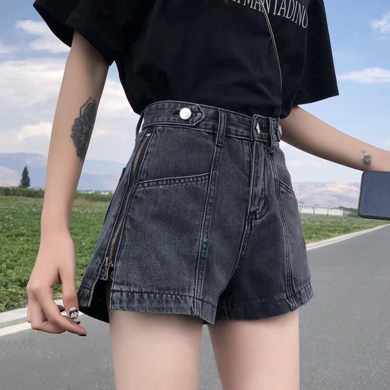 Ladies's Summer Korean Harajuku Edition American Retro Fashion Denim Shorts Design Zipper Y2K Loose Wide Leg Shorts Black Blue