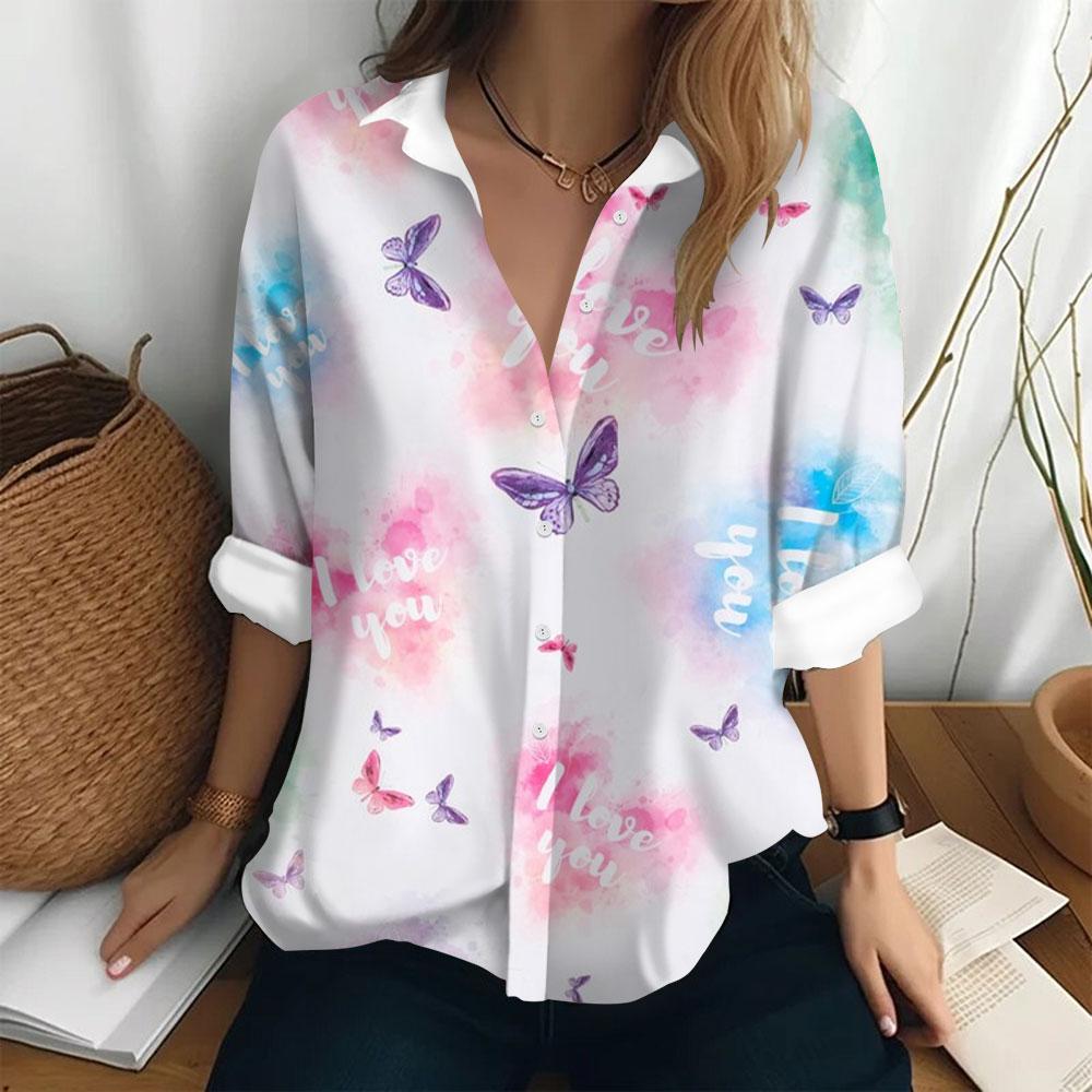 Women's Fashion Shirt Bottom Casual T-shirt Loose Lapel Top Long Sleeved Button Printed Clothing Party Elegant Women's Shirt