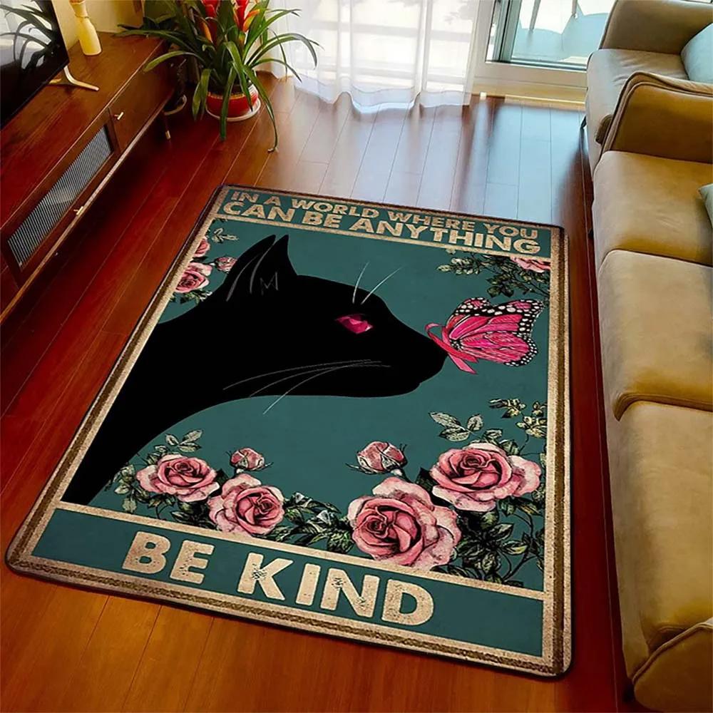 Schwarze Katze Retro Bereichsteppich Teppich Wohnzimmer Heimdeko Sofa Teppich Rutschfest Stuhlkissen Lounge Matte Halloween Hexen Dekoration
