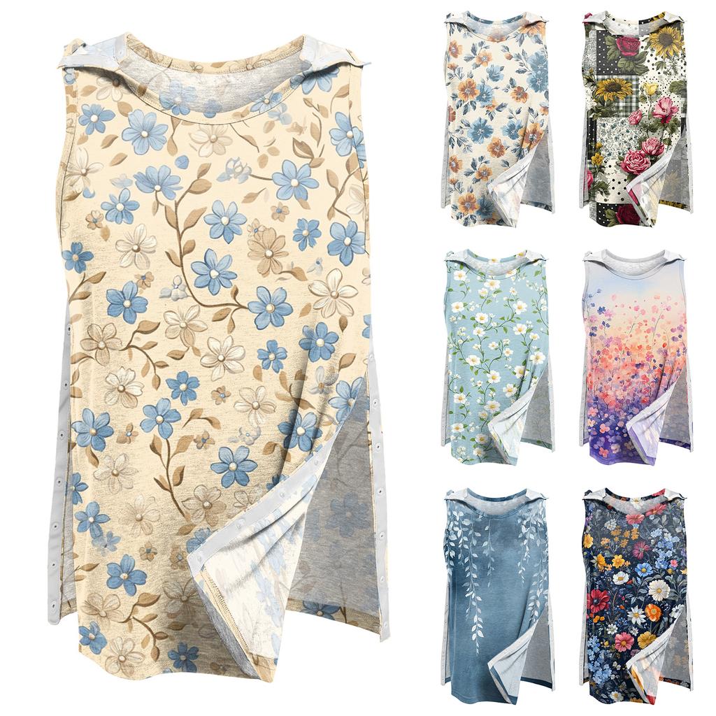 Women Post Shoulder Surgery Shirt Sleeveless Floral Print Top One Shoulder Snap Button Opening Medical Recovery Blouse