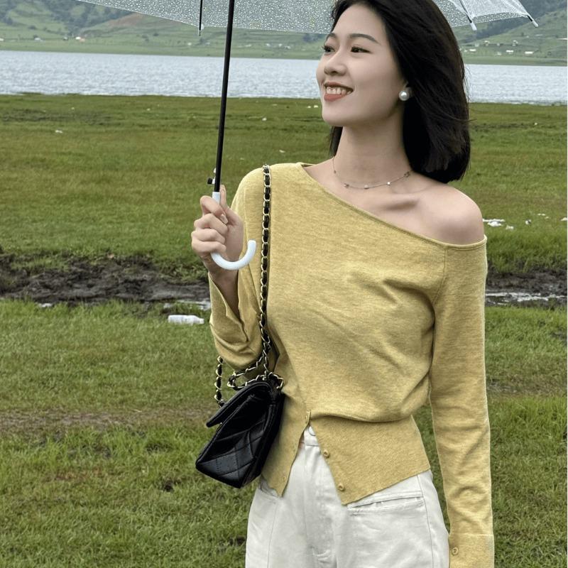 Fashion Off Shoulder Long Sleeve Knitted Sweaters Autumn Irregular Skew Neck Sexy Knitted Women Sweater Split Tops Winter Slim Casual Pullovers 25351