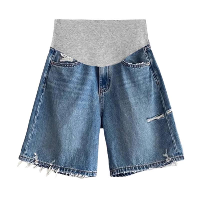 Women's Maternity Ripped Denim Shorts - Summer 2026 Lightweight, Plus Size, Loose Fit, Stylish Wide Leg, Slimming Five-Point Design