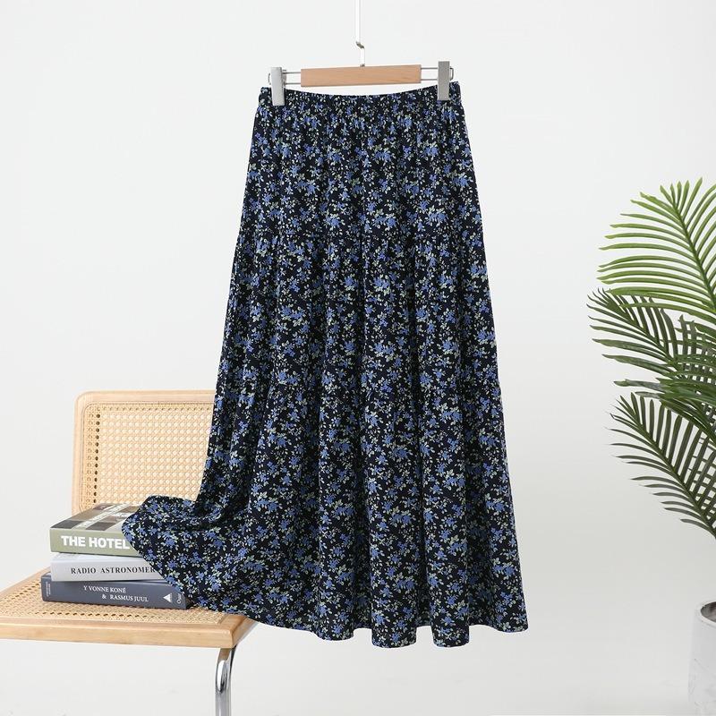 Women's Chaotic Pleated Fashion Floral Half-body Skirt Spring and Summer New Cover Crotch Thin A-line Skirt Printing Splicing Cake Long Skirt
