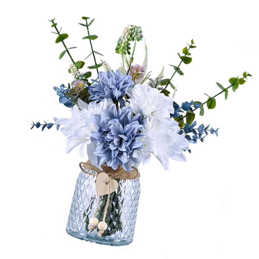 Artificial Flowers with Glass Vase Anti Wilting Anti Fading Realistic Faux Roses for Home Living Room Decor White Blue