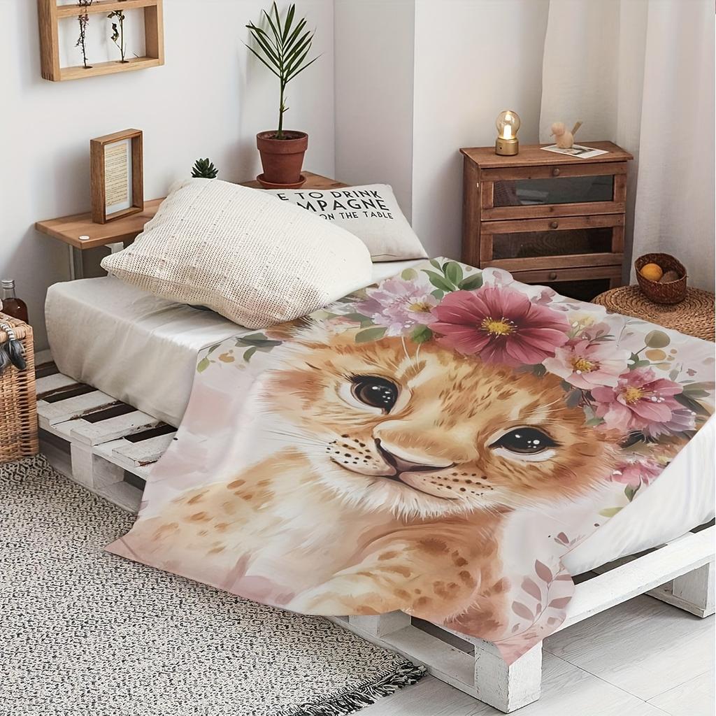 1pc Soft Flannel Blanket with Adorable Lion Cub & Floral Design – Cozy, Lightweight, and Perfect for Home Decor, Outdoor Adventu