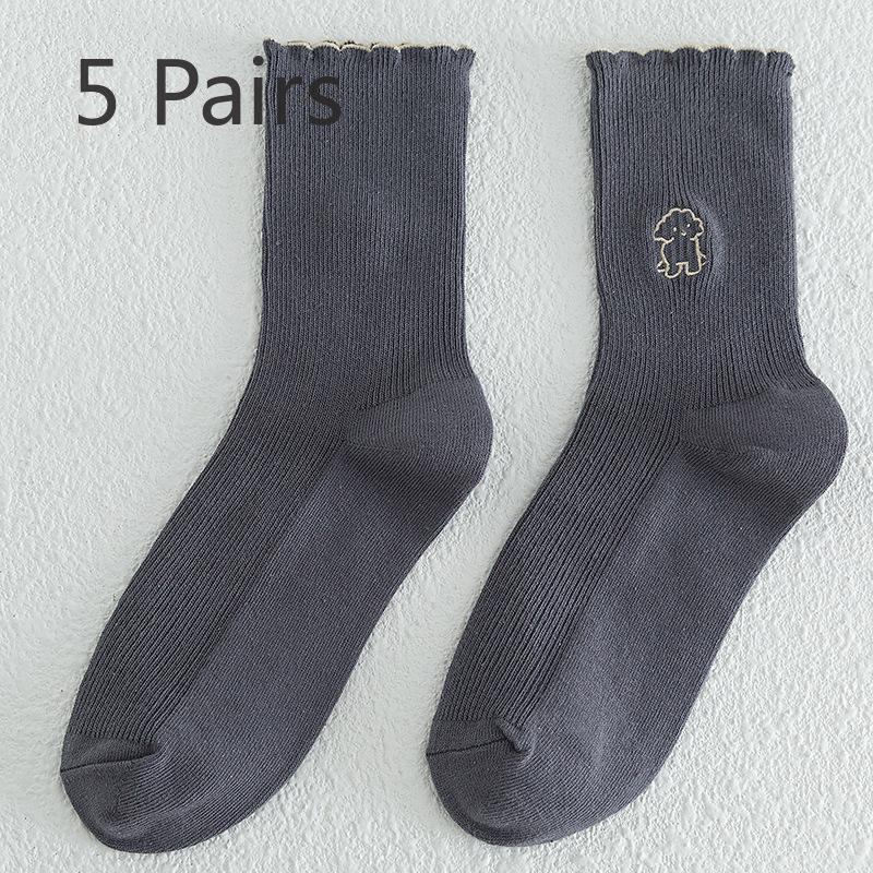 5 Pairs of Women's Autumn and Winter Lace Preppy Cute Cartoon Wooden Ear Edge Cotton Tube Pile Socks