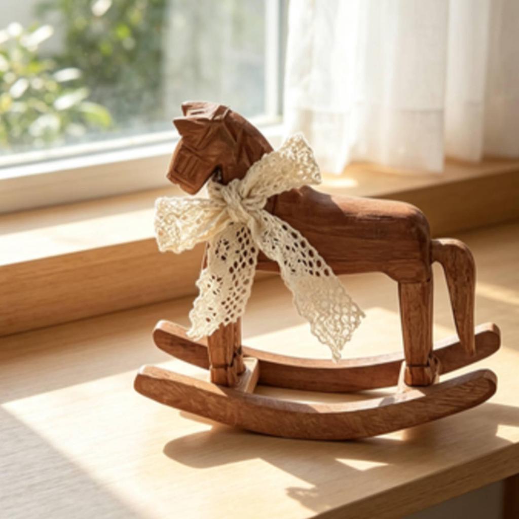 Wooden Rocking Horse Table Decoration Tabletop with Ribbon Carved