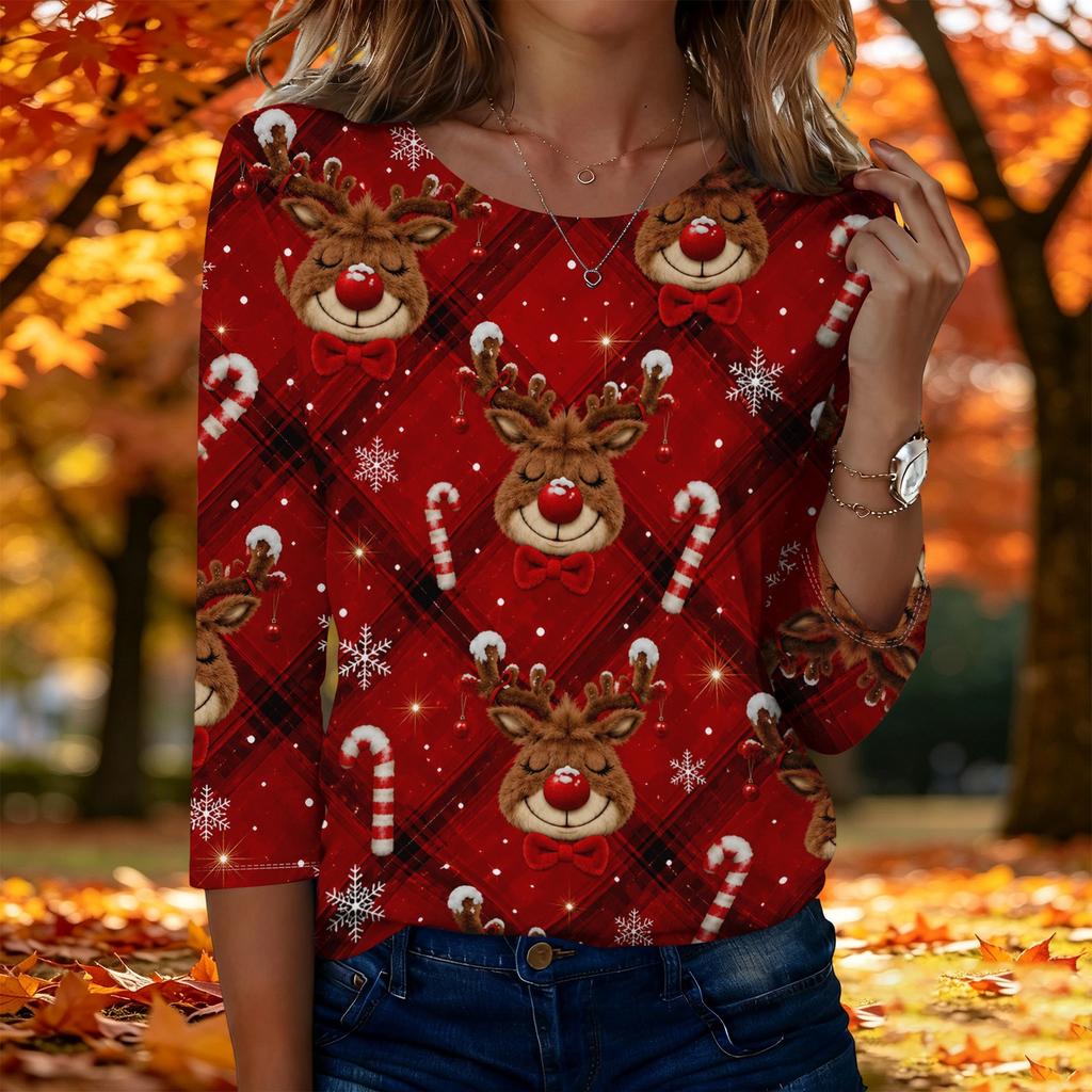Damen Lässiges Weihnachts-Print-Oberteil mit Dreiviertelärm