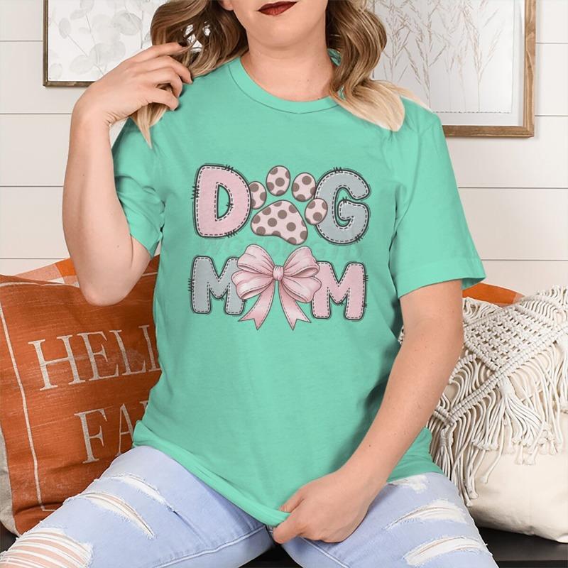 Dog Mom Graphic Crew Neck T-Shirt For Women CasualTee With Short Sleeves Pink Bow Paw Print Design Perfect For Mother's Day