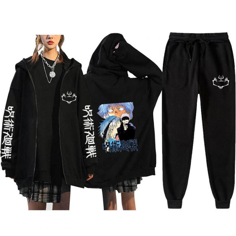 Unisex Winter Casual Sport Set With Anime Print Hooded Zip-Up Sweatshirt Jogger Pants Cotton Blend