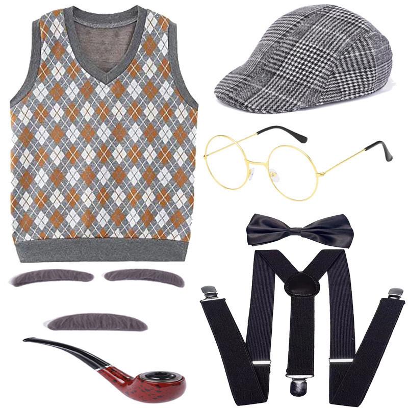 Halloween Costume Set For Kids Featuring Short Black Wig And Grandpa Beard Accessories