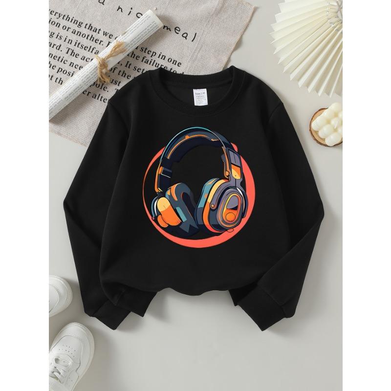 European Sizes Colorful Headphones Music Tech Style Girls' Crew Neck Sweatshirt, Western Top, Long Sleeved, Casual for Little Girls.