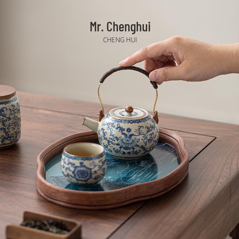 Ru Kiln Lotus Tea Set: One Pot, Six Cups with Tray - Kung Fu Style