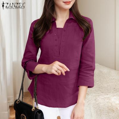 Women Turn Down Collar Solid Color Casual 3/4 Sleeve Blouse