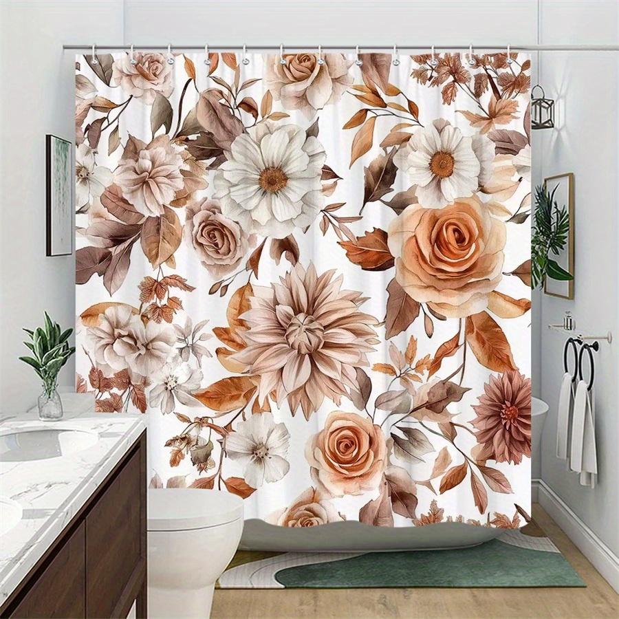 1pc rose daisy and autumn leaves watercolor pattern shower curtain, polyester fabric, machine washable, suitable for bathroom