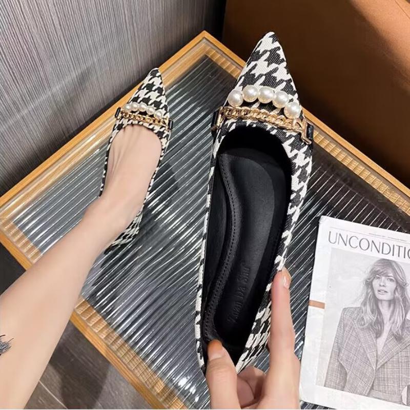 Fashion Luxury Leather Casual Pearl Pointed Toe Formal Shoes For Woman 2024 Flats Flat Women's Summer Footwear Office Chic And Elegant E