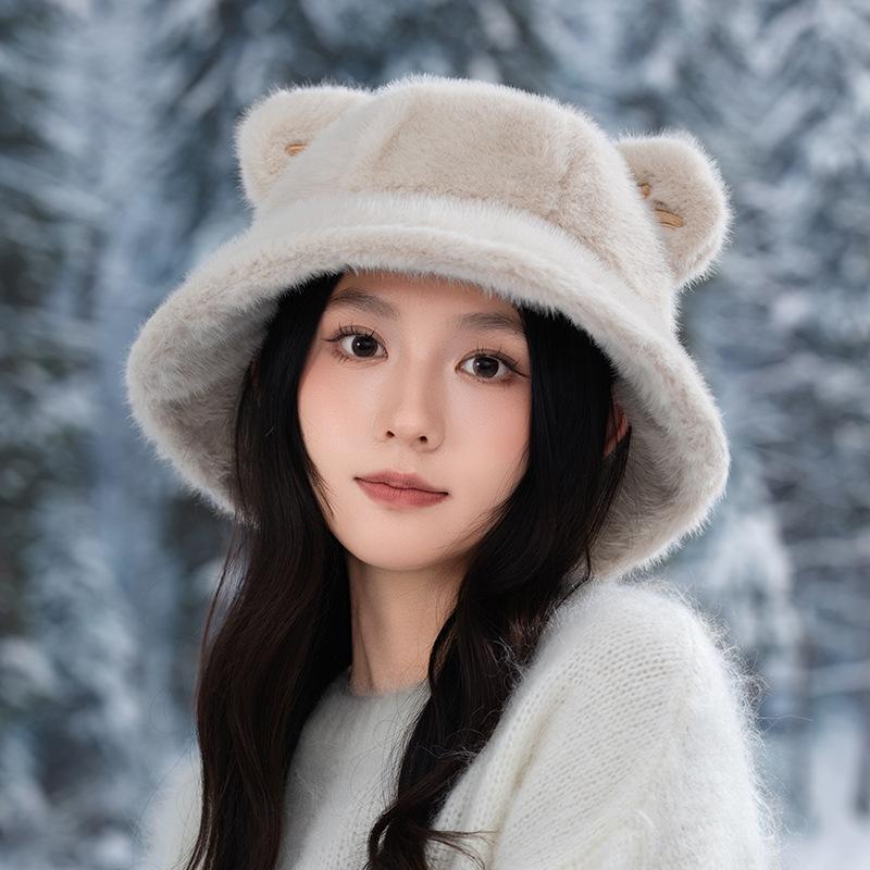 Autumn and winter hats women's thickened plush bucket hats show small faces bucket hats cute ears warm basin hats