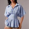 Summer New Women's Design Waist Shirt Casual Versatile Striped Pleated Slim Top