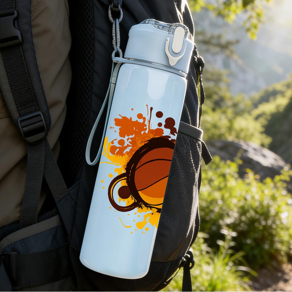 1PC Splashing Orange Basketball Graphic 750ml Color Plastic Sports Water Bottle Leakproof Flip Straw Lid For Sports Office Home Use