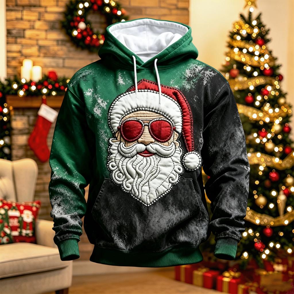 Men's Long Sleeve Hooded Sweatshirt with Christmas Graphic Print, Casual Pullover for Holiday and Winter Wear