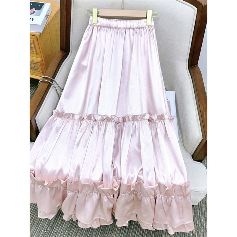 Solid Color Temperament Ruffled Satin Skirt Pure Color Ruffles Skirt