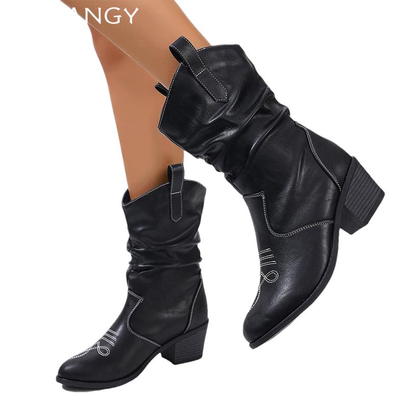 Fashion High Heels Women Mid Calf Boots Designer Chunky Dress Leather Shoes Woman 2024 Trend Pumps Winter Eleglant Chelsea Botas Mujer